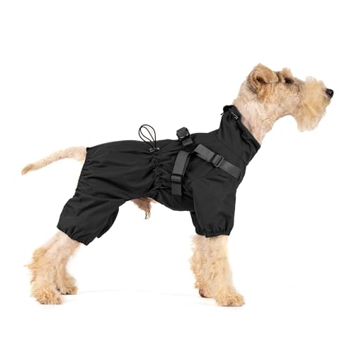 Mile High Life Waterproof Dog Raincoat, Full Coverage Small Dog Rain Coat with Harness, Adjustable 4 Legs Puppy Rain Jacket with Reflective Strip and Elastic Cuffs (Black, X-Small) von Mile High Life