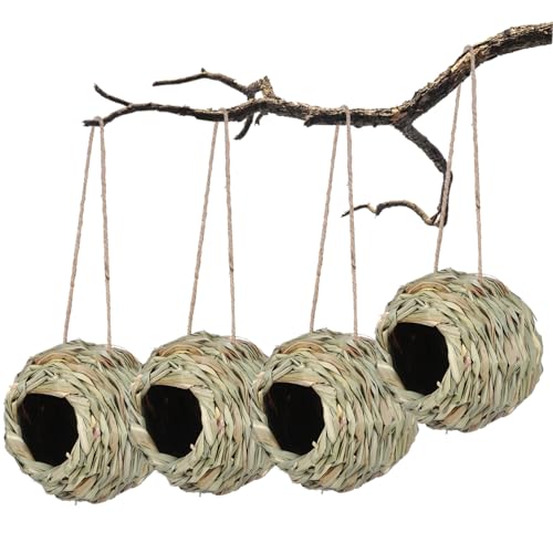 Milisten 4 Stück Teiliges Handgewebtes Vogelnest aus Natürlichem Gras Rundes Offenes Schlafnest für Kleine Vögel Wie Papageien und Nektarvögel Geeignet zum Aufhängen im Garten Balkon von Milisten