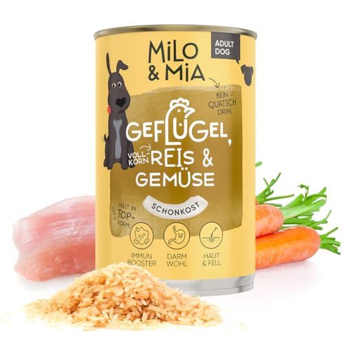 Milo & Mia - Schonkost für Hunde Nassfutter, magenschonendes Hundefutter für Hunde mit Magen-Darm-Problemen, weizenfreies Monoprotein Nassfutter aus frischen Zutaten: Geflügel, Reis & Gemüse (24x400g) von Milo & Mia