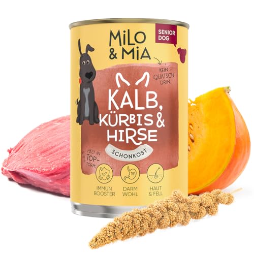 Milo & Mia - Schonkost für Hunde Nassfutter, magenschonendes Hundefutter für Hunde mit Magen-Darm-Erkrankungen, glutenfreies Monoprotein Nassfutter mit frischen Zutaten: Kalb, Kürbis & Hirse (24x400g) von Milo & Mia