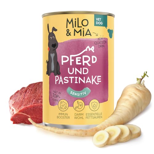 Milo & Mia - Nassfutter für Hunde Sensitiv, magenschonendes Hundefutter für Hunde mit Magen-Darm-Erkrankungen, weizenfreies Monoprotein Nassfutter aus natürlichen Zutaten: Pferd & Pastinake (6x400g) Milo & Mia - Nassfutter für Hunde Sensitiv, magenschonendes Hundefutter für Hunde mit Magen-Darm-Erkrankungen, weizenfreies Monoprotein Nassfutter aus natürlichen Zutaten: Pferd & Pastinake (6x400g) von Milo & Mia