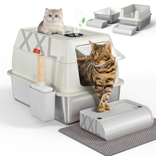 Katzentoilette aus Edelstahl, geschlossene Katzentoilette mit Deckel und hohen Seiten, extra große Jumbo-Katzentoilette für große Katzen, Metall-Klo mit Dreifachpedal, Schaufel und Matte, geruchsfrei, Katzentoilette aus Edelstahl, geschlossene Katzentoilette mit Deckel und hohen Seiten, extra große Jumbo-Katzentoilette für große Katzen, Metall-Klo mit Dreifachpedal, Schaufel und Matte, geruchsfrei, von Mindore