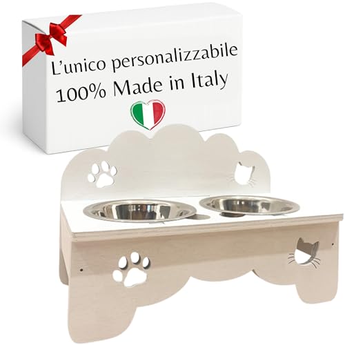 MINDWOOD Erhöhte Futternäpfe für kleine, mittelgroße und große Hunde, Futternäpfe für Hunde und Katzen in verschiedenen Höhen mit 2 Edelstahlnäpfen (Weiß, Katze) von Mindwood