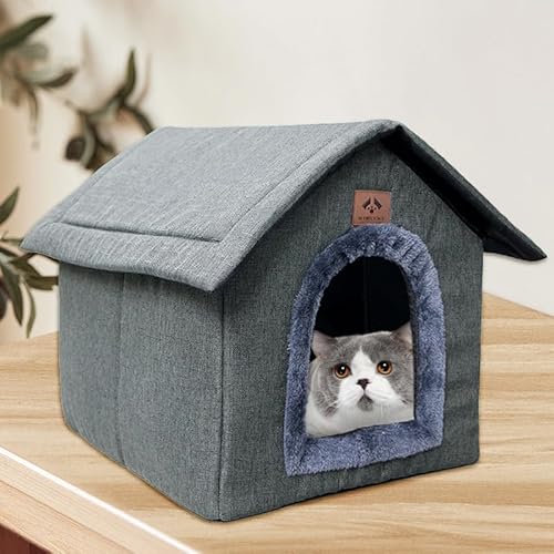 Mineup Katzenhaus Für Draußen Winterfest, Katzenhaus Outdoor, Wetterfester Katzenhöhle Haustierhaus mit Plüschkissen, Outdoor Hundehöhle, Faltbares Katzenhau für Streuner Haustiere, 35x30x35cm von Mineup