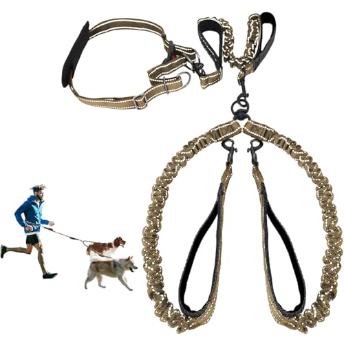 Hundeleine mit der Taille, doppelte Leine zum Laufen, bequemes Gehen, Joggen, Training, Wandern, lang gepolstert, kein Verheddern, um 360° drehbarer Verschluss, verstellbare Doppel-Leine, Khaki von MingXpets