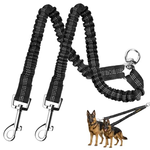 MingXpet 2 Hundeleine, Hundeleine für 2 Hunde, 360° drehbar, kein Verheddern, Doppelwander-Trainingsleine für große Hunde, die ziehen, bequem, stoßdämpfend, reflektierend, Schwarz von MingXpets