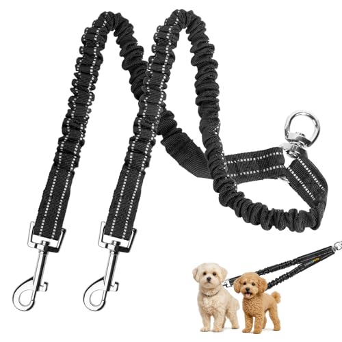 MingXpet 2 Hundeleine, Hundeleine für 2 Hunde, 360° drehbar, kein Verheddern, Doppelwander-Trainingsleine für kleine Hunde, bequem, stoßdämpfend, reflektierend, Schwarz von MingXpets