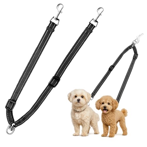 MingXpet Doppel-Hundeleine für zwei Hunde, kein Ziehen, 360° drehbar, kein Verheddern, für Spaziergänge und Training, stoßdämpfender, reflektierender Bungee, Schwarz von MingXpets