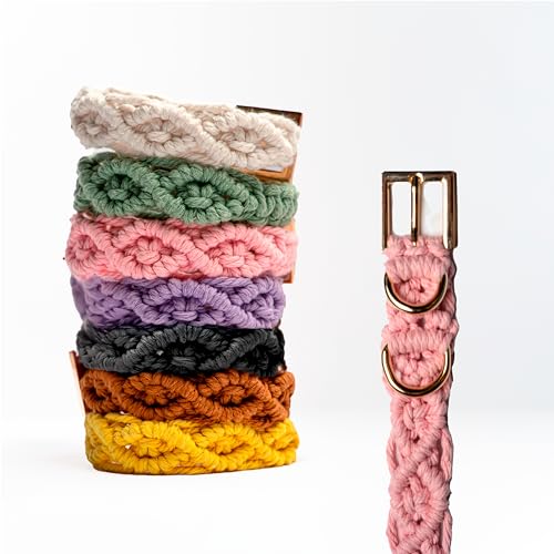 MiniPaws Boutique Handgefertigtes Makramee-Hundehalsband, verstellbar, einfarbig, Optionen: Karamell, Hellgrün, Gelb, Rosa, Weiß, Schwarz (Rosa, Größe L) von MiniPaws Boutique