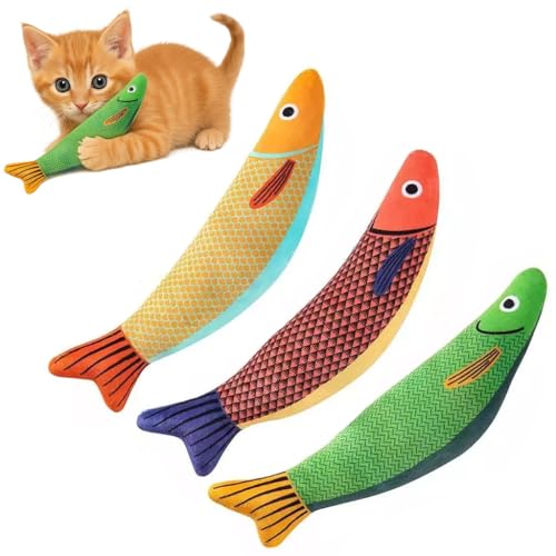 Katzenspielzeug in Fischform, buntes Plüsch mit Knistergeräusch, weich und langlebig, interaktiver Kicker für Katzen aller Rassen, perfekt zum Spielen und Trainieren, 23,9 cm, 3 Stück von Minlend