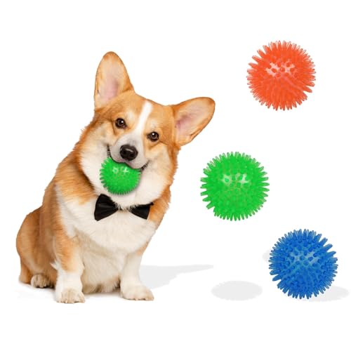Minrnovas Quietschende Gummibälle für Hunde, reinigt Zähne und Zahnfleisch, 6,3 cm, quietschende Hundespielzeugbälle, interaktives Apportierspielzeug für aggressive Kauer für kleine Hunde, 3 Stück von Minrnovas