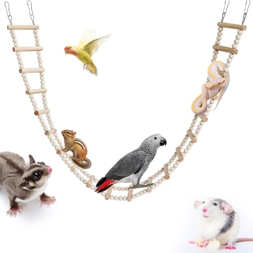 Lange Vogelleiter mit Holzsprossen und Perlen, Sittich Klettern Schaukel Spielzeug, Vogelkäfig Zubehör, Holz Kletterbrücke Spielzeug für Papageien Ratte Zuckergleiter Eichhörnchen Schlangen von MinrzPet