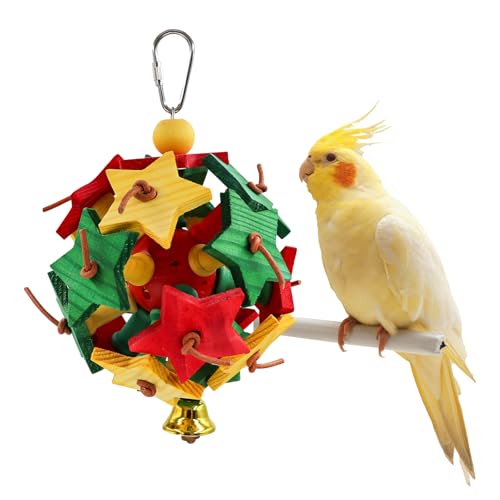 MinrzPet Interaktives Vogelspielzeug mit Holzsternblöcken & Lederknoten - Hängender Futterball mit Glocke für Papageien, Nymphensittiche, Conures | Käfigklettern & Schnabelübungsspielzeug von MinrzPet