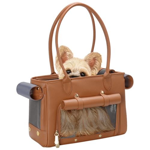 Minsong Modische Haustier-Tragetasche für kleine Katzen und Hunde, luxuriöse PU-Tragetasche mit weichen Seiten mit großen Taschen für Hunde und Welpen (Braun, 34,5 cm L x 15,2 cm B x 25,4 cm H) von Minsong