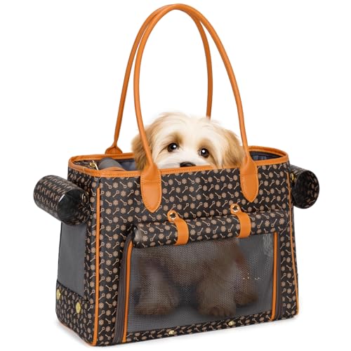 Minsong Modische Haustier-Tragetasche für kleine Katzen und Hunde, luxuriöse PU-Tragetasche mit weichen Seiten mit großen Taschen für Hunde und Welpen (Kaffee, 40,1 cm L x 19,1 cm B x 30 cm H) von Minsong