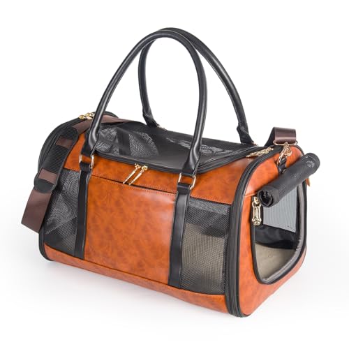 Modische Haustier-Tragetasche, für Hunde und Katzen, kleine Tiere, Leder, für Hunde, Welpen, Kätzchen, Reisetasche, TSA-Fluggesellschaft genehmigt, Braun von Minsong