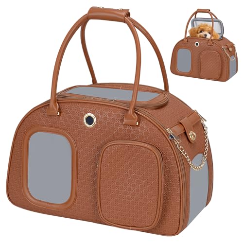 Stilvolle Luxus-Hundetragetasche für kleine Hunde, belüftete Haustier-Tragetasche, weiche Seiten, für Welpen, kleine Tiere mit Taschen, Braun, 42,9 x 22,9 x 30 cm (L x B x H) von Minsong