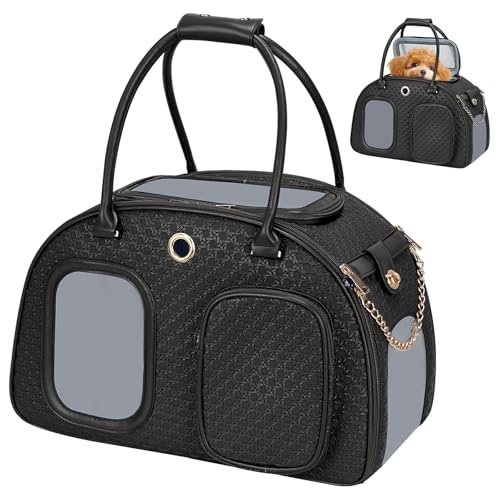 Stilvolle Luxus-Hundetragetasche für kleine Hunde, belüftete Haustier-Tragetasche, weiche Seiten, für Welpen, kleine Tiere mit Taschen, Schwarz, 42,9 x 22,9 x 30 cm (L x B x H) von Minsong