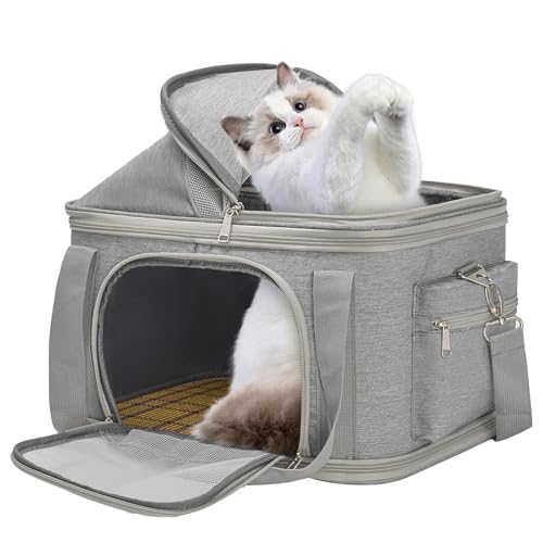 Top-erweiterbare Tragetasche für Hunde und Katzen, zusammenklappbar, belüftet, von Fluggesellschaften zugelassen, weiche Seiten, bis zu 6,8 kg, Grau, 41,1 x 29 x 33 cm von Minsong