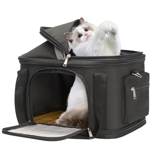 Top-erweiterbare Tragetasche für Hunde und Katzen, zusammenklappbar, belüftet, von Fluggesellschaften zugelassen, weiche Seiten, bis zu 6,8 kg, Schwarz, 41,1 x 29 x 33 cm von Minsong