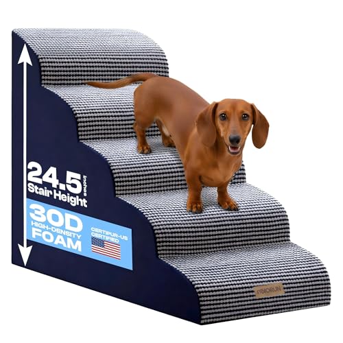 Gebogene Hundetreppe für Hochbett bis 26 Zoll, 5-stufige Hunderampe für kleine Hunde mit waschbarem Bezug, rutschfeste Stufen für Katzen zum Aufsteigen auf Couch und Sofa, strapazierfähige Gebogene Hundetreppe für Hochbett bis 26 Zoll, 5-stufige Hunderampe für kleine Hunde mit waschbarem Bezug, rutschfeste Stufen für Katzen zum Aufsteigen auf Couch und Sofa, strapazierfähige von Miorun