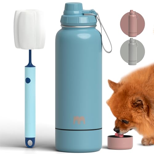 Miracle Pets Tragbare Hunde-Wasserflasche mit befestigtem Napf, 900 ml, isolierte Edelstahl-Wasserflaschen für Sport, Wandern, einfacher Griff, Hunde-Reisezubehör, tragbarer Hundenapf (Maya Blau), von Miracle Pets