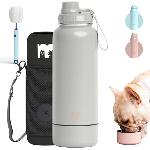 Miracle Pets Tragbarer Hundetrinker - Thermoflasche 1 Liter - Edelstahlflasche - Easy Grip Griff BPA-freie Isolierung - Wasserflasche für Hunde (Hellgrau + Hülle) von Miracle Pets