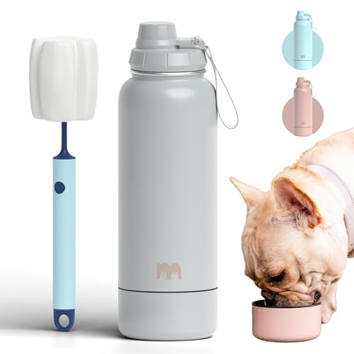 Miracle Pets Trinkflasche Hunde Für Unterwegs, Wasserflasche Futternapf Hund, Bpa-frei Welpen Zubehör Thermoflasche 1 Liter Trinkflasche Aus Edelstahl (Light Gray) Flasche Reinigungsbürste von Miracle Pets