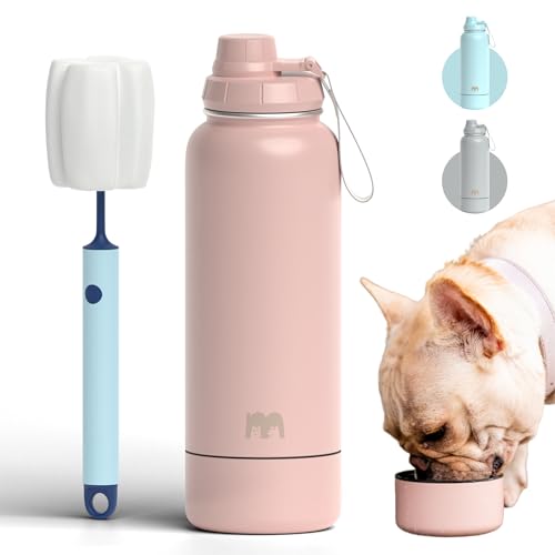 Miracle Pets Trinkflasche Hunde Für Unterwegs, Wasserflasche Futternapf Hund, Bpa-frei Welpen Zubehör Thermoflasche 1 Liter Trinkflasche Aus Edelstahl (Misty Rose) Flasche Reinigungsbürste von Miracle Pets