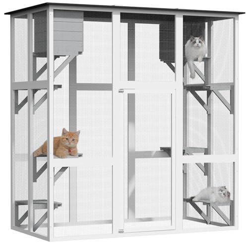 Miscoos Katzenkäfig aus Holz für den Außenbereich, groß, Massivholz, Laufstall mit 8 Sprungplattformen und 2 Nickerchenhäusern, begehbare Katzenhütte, Weiß Miscoos Katzenkäfig aus Holz für den Außenbereich, groß, Massivholz, Laufstall mit 8 Sprungplattformen und 2 Nickerchenhäusern, begehbare Katzenhütte, Weiß von Miscoos