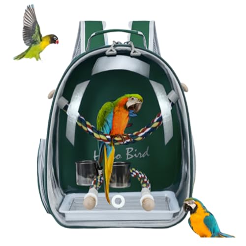 Transportkäfig für Vögel, mehrere Belüftungslöcher, transparenter Raumkapsel-Astronauten-Rucksack zum Tragen von Sittichen, Nymphensittichen, Papageien, mit Metallschale, Holzstange von Misyue