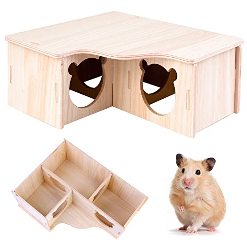 Hamster Eckhaus,Meerschweinchen Haus,Holz Hamsterhaus,3 Kammernnager Haus Hamster-Versteckhaus Holz für Kleine Haustiere Chinchilla Ratte,Zwerghamster, Rennmäuse, Degus,Stachelmäuse von Mitening