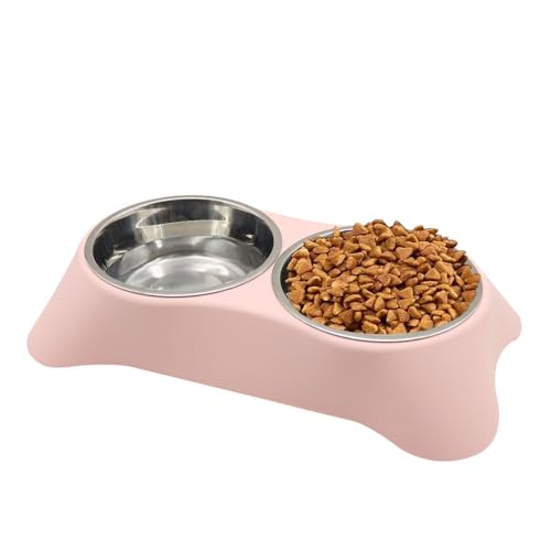 Mithui ju Doppelter Futternapf für Katzen, Kaninchen, rutschfester Edelstahl, doppelter Futternapf mit auslaufsicherem Design für kleine Haustiere wie Welpen, Katzen, Kaninchen (Rosa, Medium) von Mithui ju