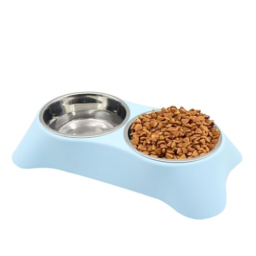 Mithui ju Doppelter Futternapf für Katzen, Kaninchen, rutschfester Edelstahl, doppelter Futternapf mit auslaufsicherem Design für kleine Haustiere wie Welpen, Katzen, Kaninchen (blau, groß) von Mithui ju