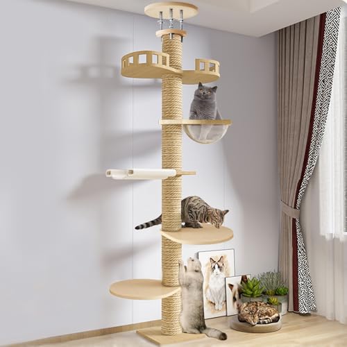 Mitoydoe Kratzbaum, vom Boden bis zur Decke reichender 3 Meter hoher Indoor-Kratzbaum mit mehrschichtigem Design, Aussichtsturm, Katzennest und Einstellbarer Höhe – modern langlebig für große 1 von Mitoydoe