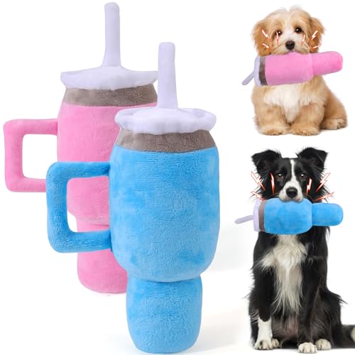 Mity rain Hundespielzeug mit Griff und Tasse, quietschendes Hundespielzeug, interaktives flauschiges und robustes Hundespielzeug für kleine Hunde/große Hunde/mittelgroße Hunde (2 (Blau + Rosa)) von Mity rain