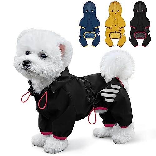 Regenmantel für Hunde Mit Kapuze, Wasserdichte Regenjacke Mit Leinenloch, Reflektierender Riemen für Kleine, Mittelgroße Hunde, Leichte Welpenkleidung (Schwarz, S) von Miucat