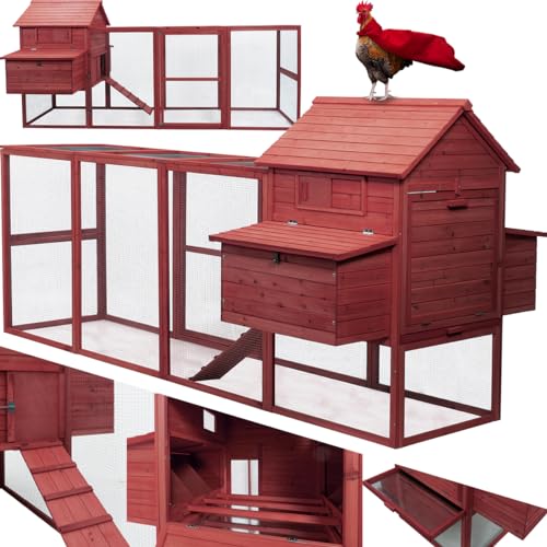 Miweba MyAnimal Hühnerstall MH-22 XXL | 305x151x150 cm - Für 8 Hühner - Nistkasten mit Freilaufgehege - 3 Sitzstangen - Winterfest - 2 Ebenen - Hühnerhaus mit Eiablage - Kiefernholz - Voliere (Rot) von my animal