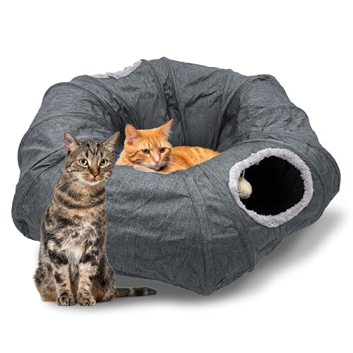 Miyoky Katzentunnel, 3-Wege-Spieltunnel, strapazierfähiger, kationischer Stoff, faltbar, atmungsaktiv, Katzenversteck mit Ruhematte, für alle Jahreszeiten, OS, C-Form, Katzenspiel-Tunnel, Spielzeug von Miyoky