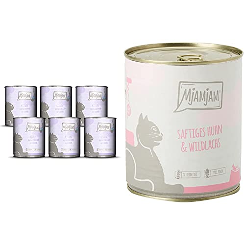 MjAMjAM Kitten vorzügliches Kalb mit Lachsöl 6x800 g, 1er Pack (1 x 4800 g) & - Premium Nassfutter für Katzen - saftiges Huhn und wildlachs, 6er Pack (6 x 800 g), getreidefrei mit extra viel Fleisch von MjAMjAM