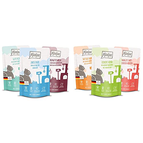 MjAMjAM Mixpaket II, 12 x 125 g, 1er Pack (1 x 1.5 kilograms) & Premium Nassfutter für Katzen - Mixpaket 1 - Huhn, Rind, Herzen, 12er Pack (12 x 125 g) von MjAMjAM
