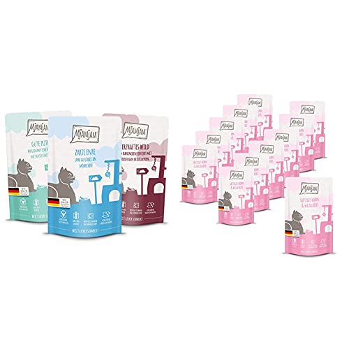 MjAMjAM Mixpaket II- 12 x 125 g, 1er Pack (1 x 1.5 kilograms) & Premium Nassfutter für Katzen - saftiges Huhn und wildlachs, 12er Pack (12 x 125 g) von MjAMjAM