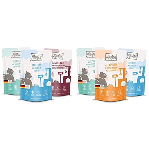 MjAMjAM Mixpaket II 4*Wild&Kaninchen, 4*Pute, 4*Ente&Geflügel 12 x 125 g, 1er Pack (1 x 1.5 kilograms) & MjAMjAM - Mixpaket IV 4*Huhn, 4*Ente & Geflügel, 4*Pute 12 x 125g, 1er Pack (1 x 1.5 kilograms) von MjAMjAM