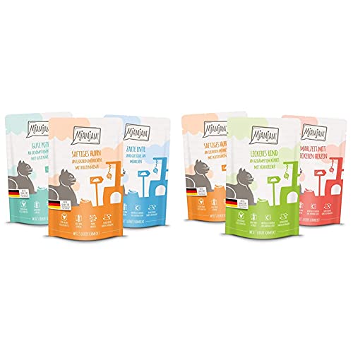 MjAMjAM MjAMjAM - Mixpaket IV, 12 x 125g, 1er Pack (1 x 1.5 kilograms) & Premium Nassfutter für Katzen - Mixpaket 1 - Huhn, Rind, Herzen, 12er Pack (12 x 125 g) von MjAMjAM