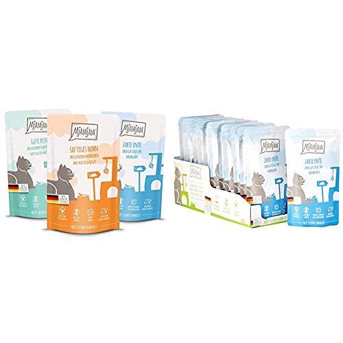 MjAMjAM MjAMjAM - Mixpaket IV, 12 x 125g, 1er Pack (1 x 1.5 kilograms) & Premium Nassfutter für Katzen - Quetschie - zarte Ente & Geflügel an leckeren Möhrchen, 12er Pack (12 x 125 g) von MjAMjAM