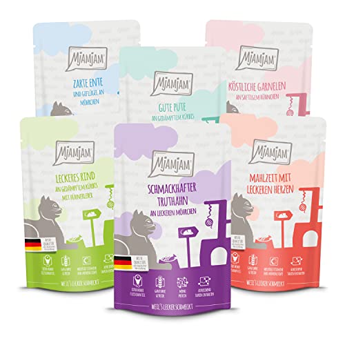 MjAMjAM - Premium Katzenfutter Probierpaket, Nassfutter mit extra viel Fleisch, getreidefrei 125 g (6er Pack) von MjAMjAM