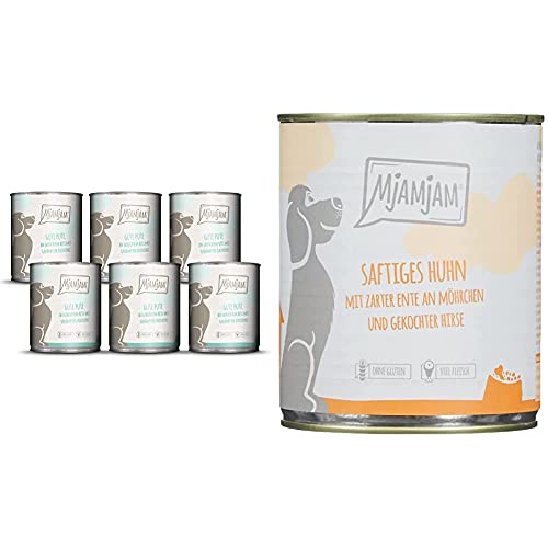 MjAMjAM - Premium Nassfutter für Hunde, 6er Pack (6 x 800 g) & Premium Nassfutter für Hunde - saftiges Huhn mit zarter Ente an Möhrchen und gekochter Hirse(6 x 800 g) von MjAMjAM