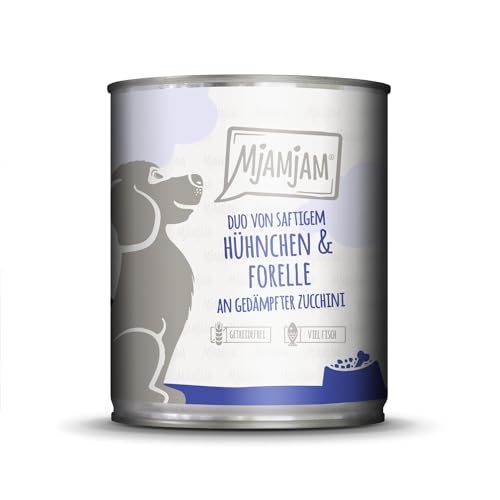 MjAMjAM - Premium Nassfutter für Hunde - DUO von saftigem Hühnchen & Forelle an gedämpfter Zucchini, 1er Pack (1 x 800g), getreidefrei mit extra viel Fleisch von MjAMjAM