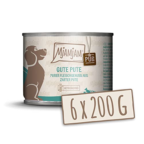 MjAMjAM - Premium Nassfutter für Hunde - purer Fleischgenuss - gute Pute pur 200g, 6er Pack (6 x 200g), naturbelassen mit extra viel Fleisch von MjAMjAM