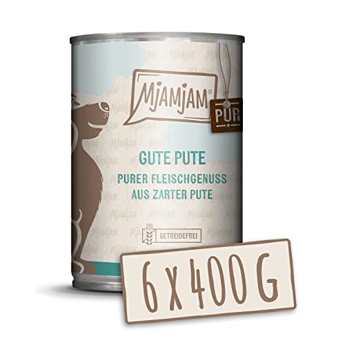 MjAMjAM - Premium Nassfutter für Hunde - purer Fleischgenuss - gute Pute pur 400g, 6er Pack (6 x 400g), naturbelassen mit extra viel Fleisch von MjAMjAM